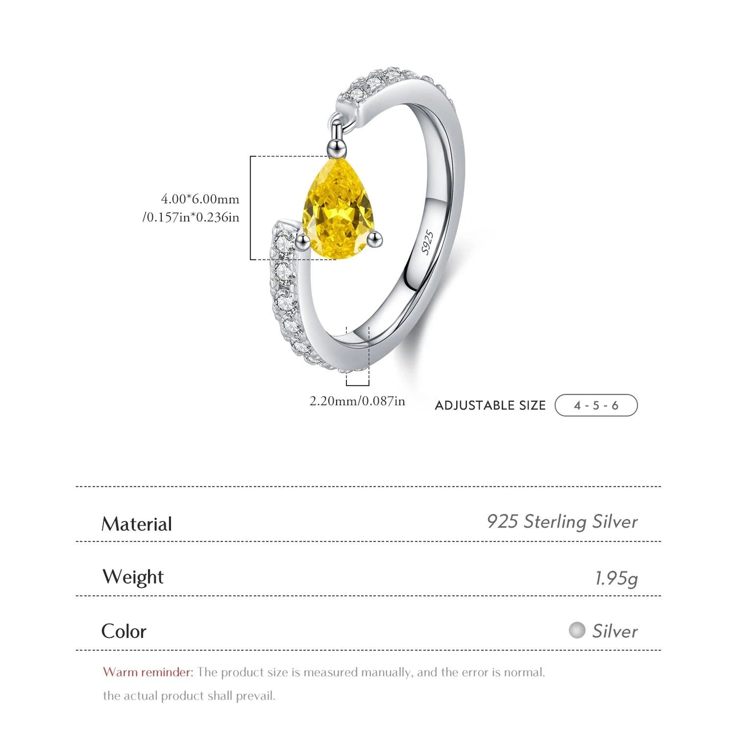 Adjustable Water Drop CZ Ring – 925 Sterling Silver Dangle Charm Pinky Ring