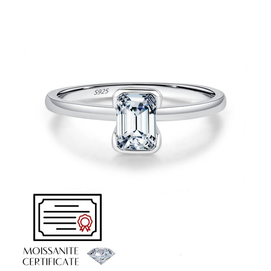 0.80CT Emerald Cut Moissanite Ring – D Colour VVS1 | 925 Sterling Silver Wedding Band