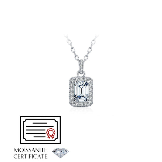 1CT Emerald Cut Moissanite Halo Necklace – D Colour VVS1 | 925 Sterling Silver
