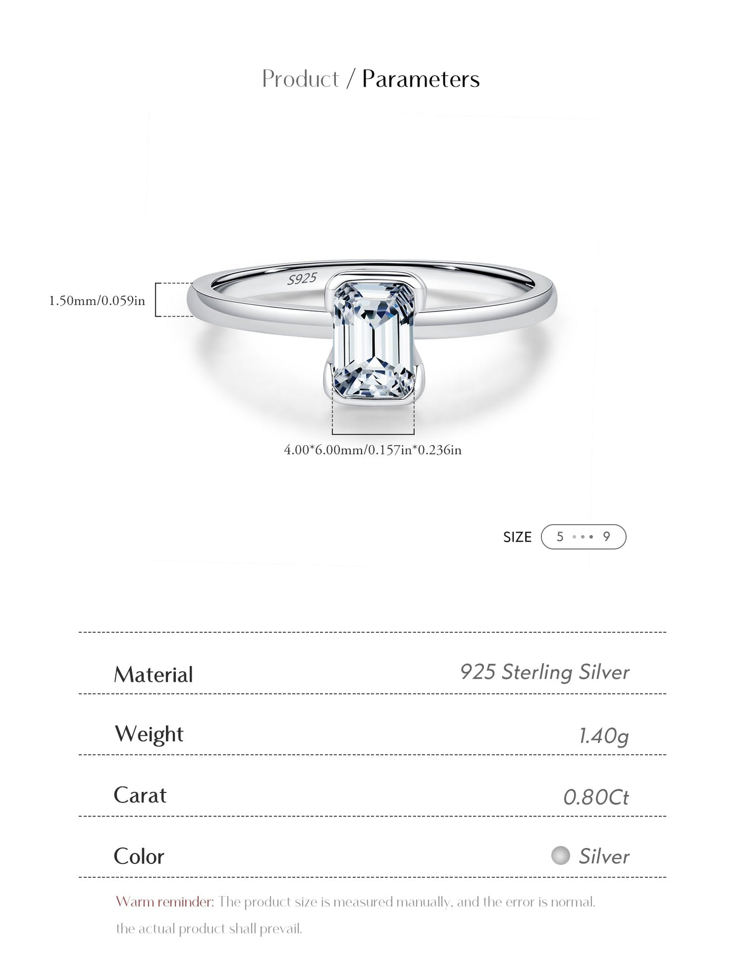 0.80CT Emerald Cut Moissanite Ring – D Colour VVS1 | 925 Sterling Silver Wedding Band
