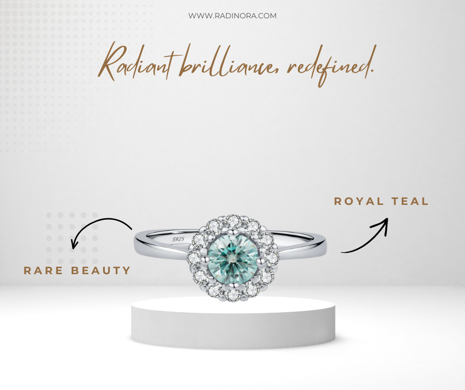 Green Teal Halo Moissanite Ring – 0.5CT | 925 Sterling Silver