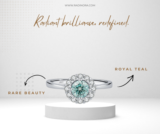 Green Teal Halo Moissanite Ring – 0.5CT | 925 Sterling Silver