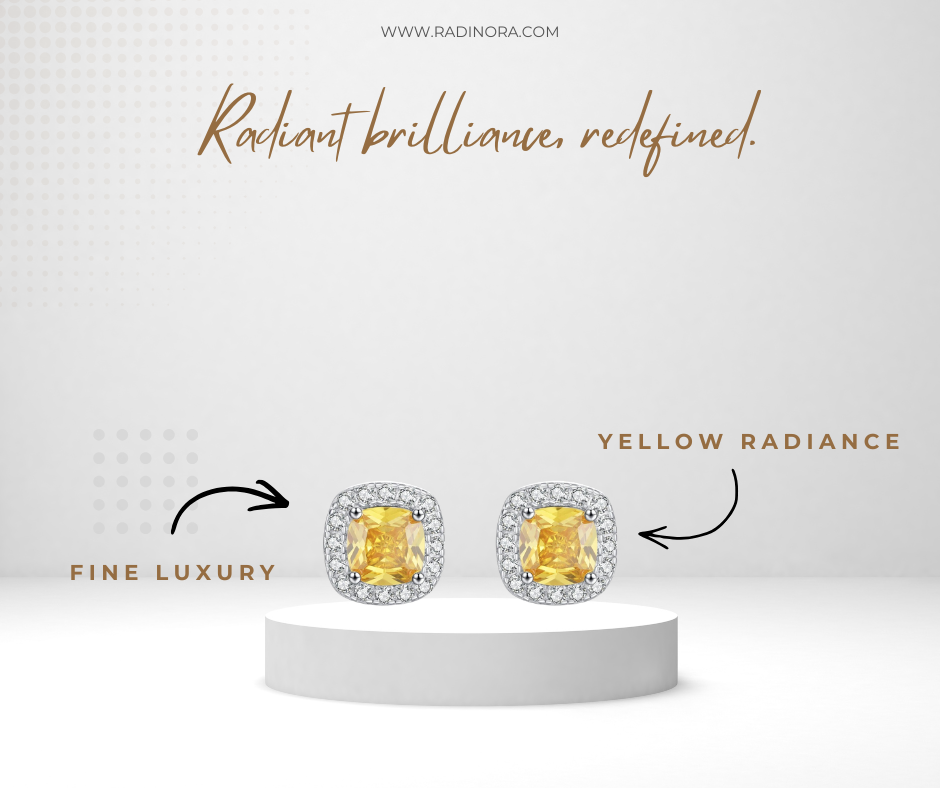Yellow Cubic Zirconia Stud Earrings – 925 Sterling Silver Platinum Plated Square Fine Jewellery
