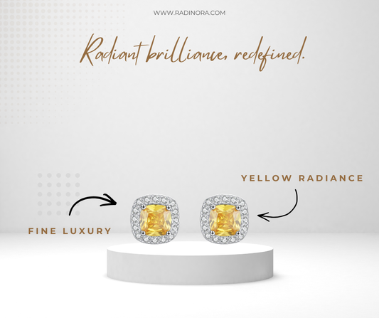 Yellow Cubic Zirconia Stud Earrings – 925 Sterling Silver Platinum Plated Square Fine Jewellery