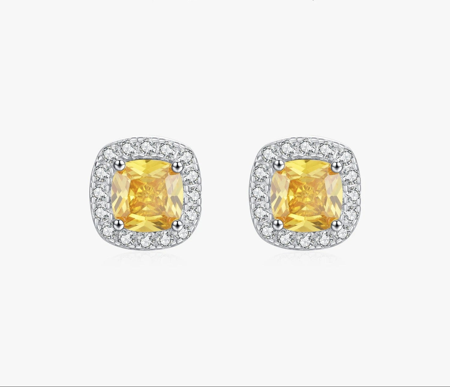 Yellow Cubic Zirconia Stud Earrings – 925 Sterling Silver Platinum Plated Square Fine Jewellery