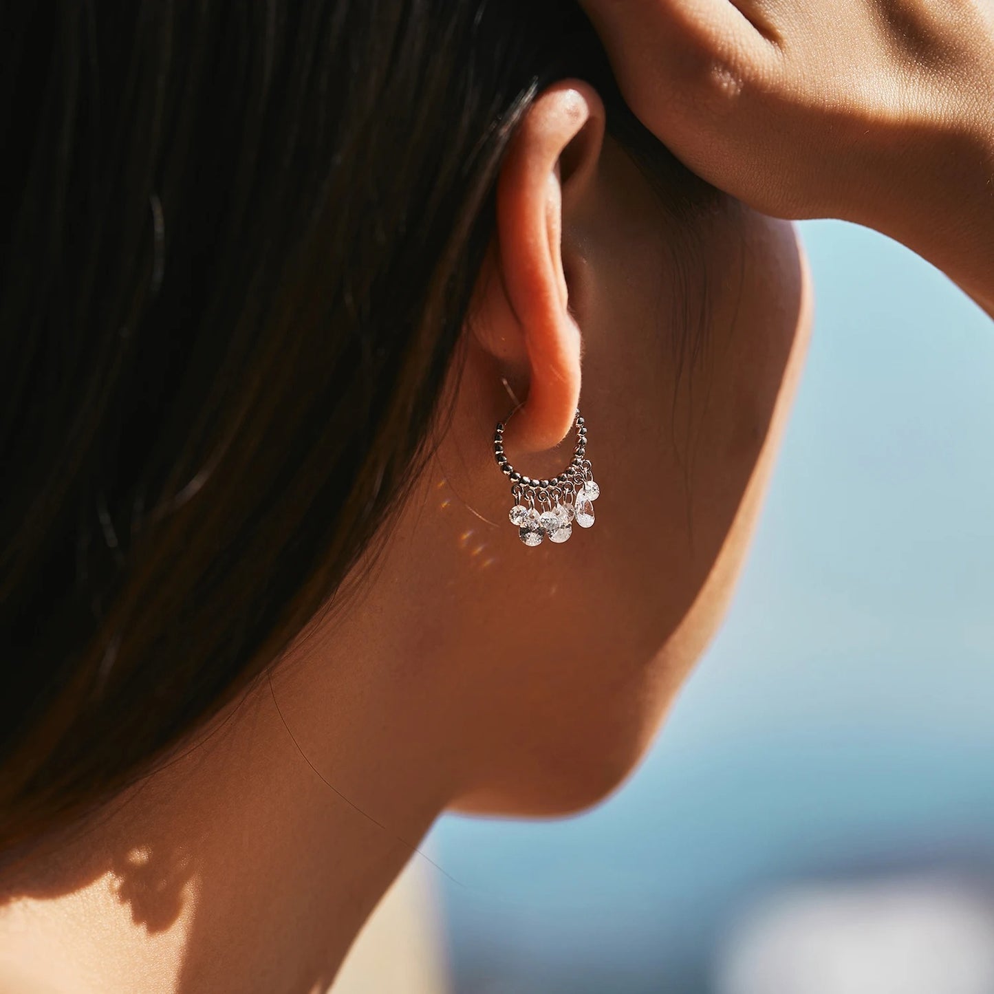 Geometric CZ Hoop Drop Earrings – 925 Sterling Silver