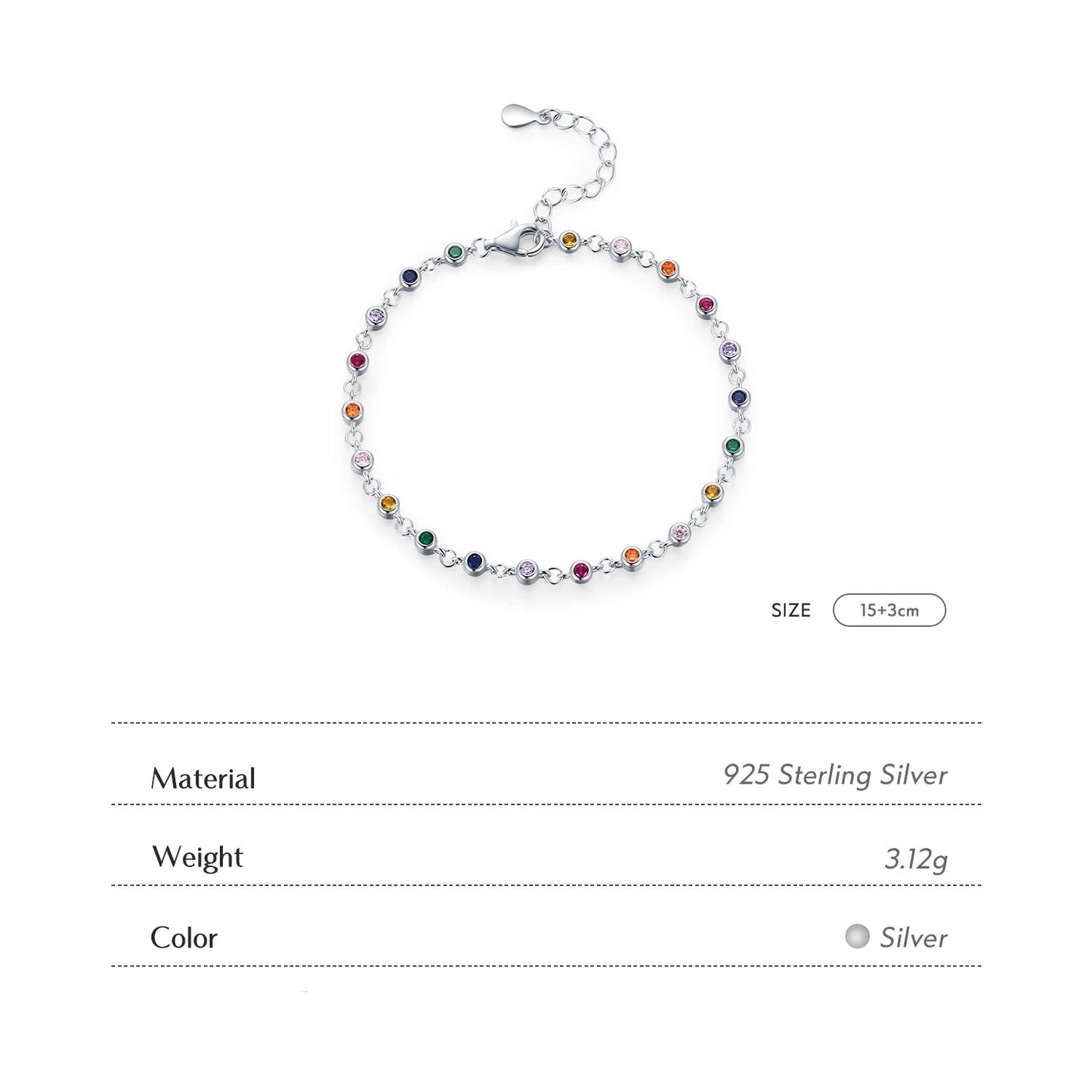 Rainbow CZ Charm Bracelet – 925 Sterling Silver