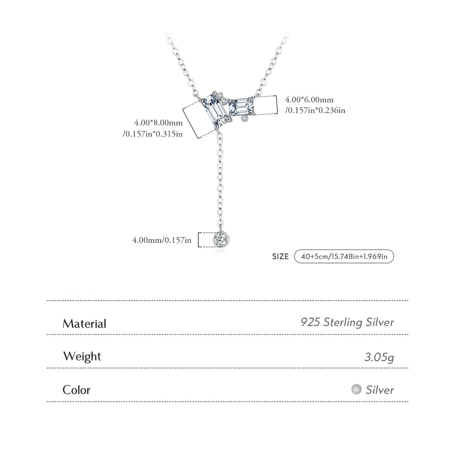 Rectangle CZ Lariat Y Necklace – 925 Sterling Silver