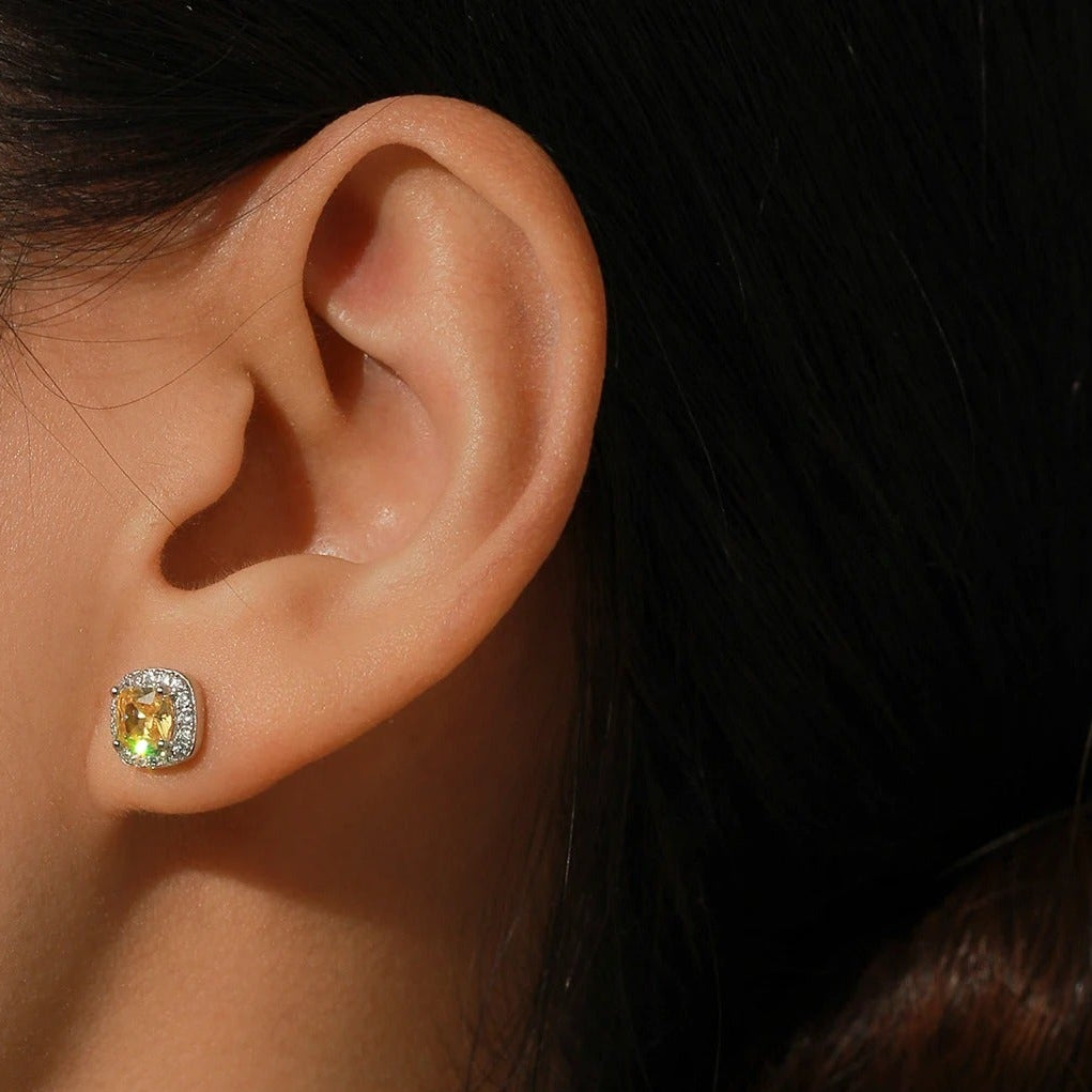 Yellow Cubic Zirconia Stud Earrings – 925 Sterling Silver Platinum Plated Square Fine Jewellery