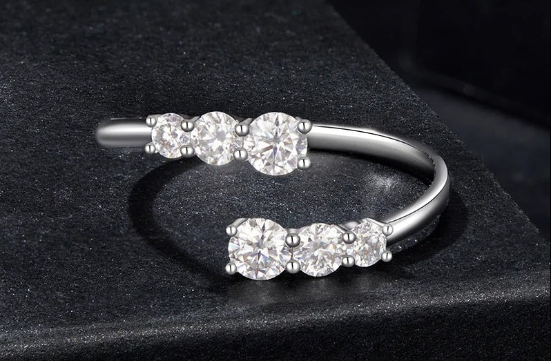 Adjustable Moissanite Open Ring – 925 Sterling Silver White Gold Plated Ring