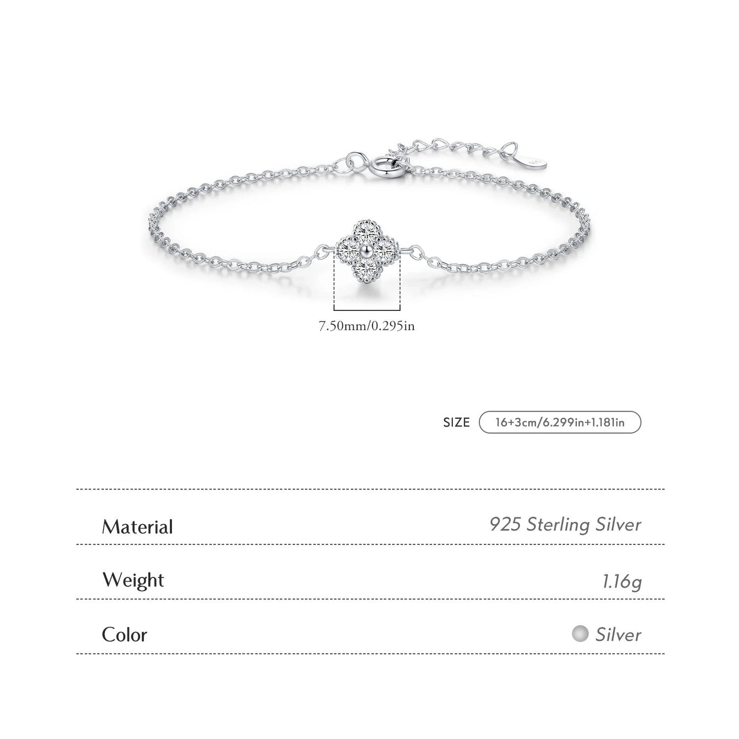 Four Leaf Clover CZ Bracelet – 925 Sterling Silver