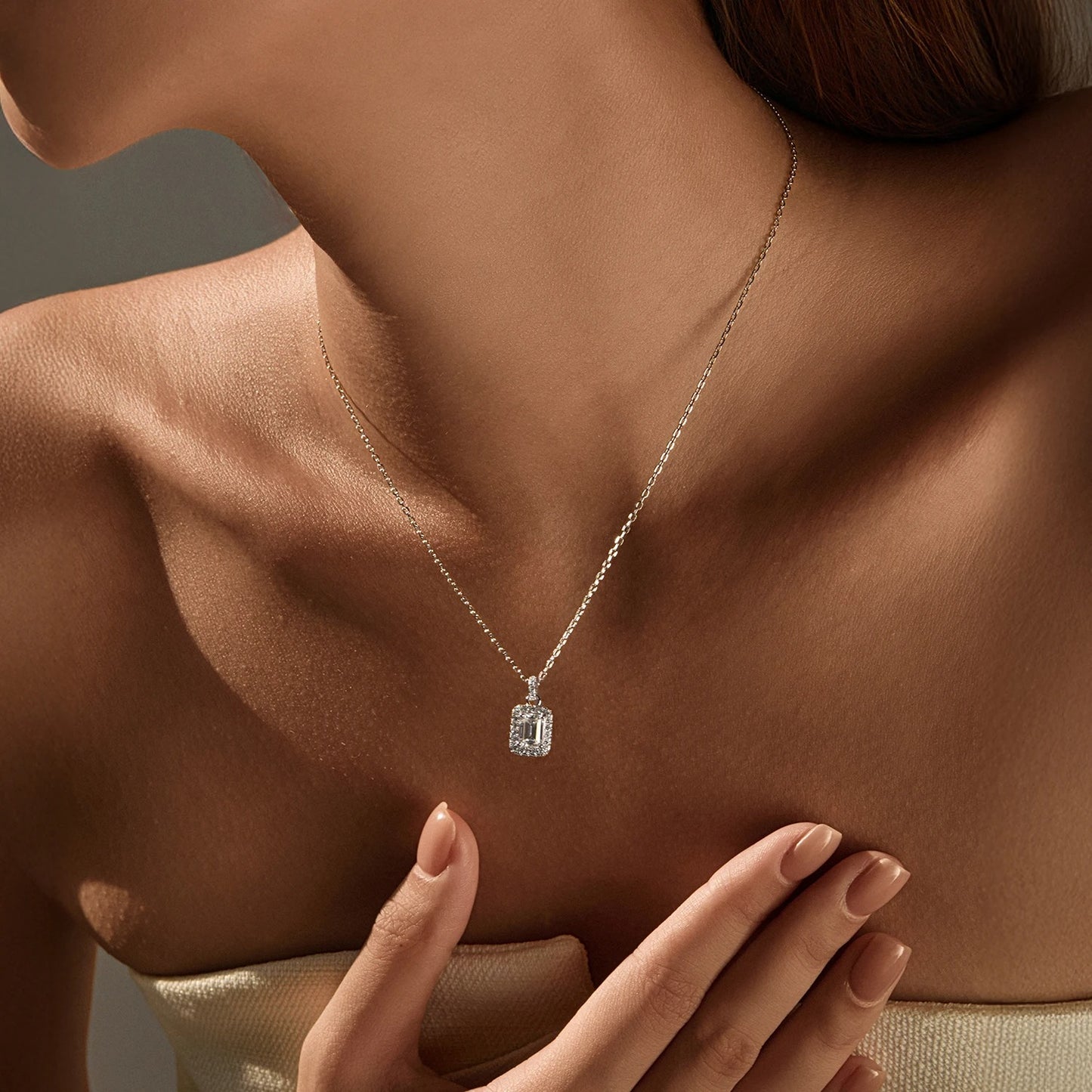 1CT Emerald Cut Moissanite Halo Necklace – D Colour VVS1 | 925 Sterling Silver