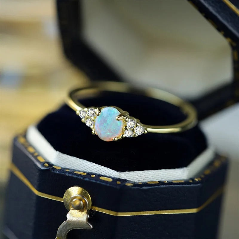 Crown Opal Ring – Gold Tone 925 Sterling Silver Statement Band