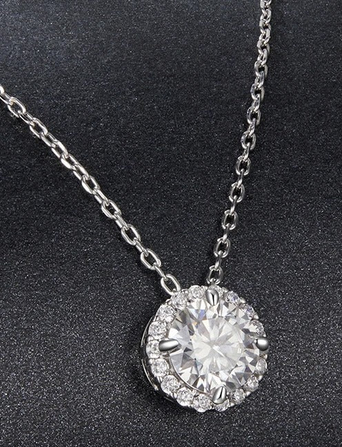 1CT Round Halo Moissanite Necklace – 925 Sterling Silver White Gold Plated Pendant