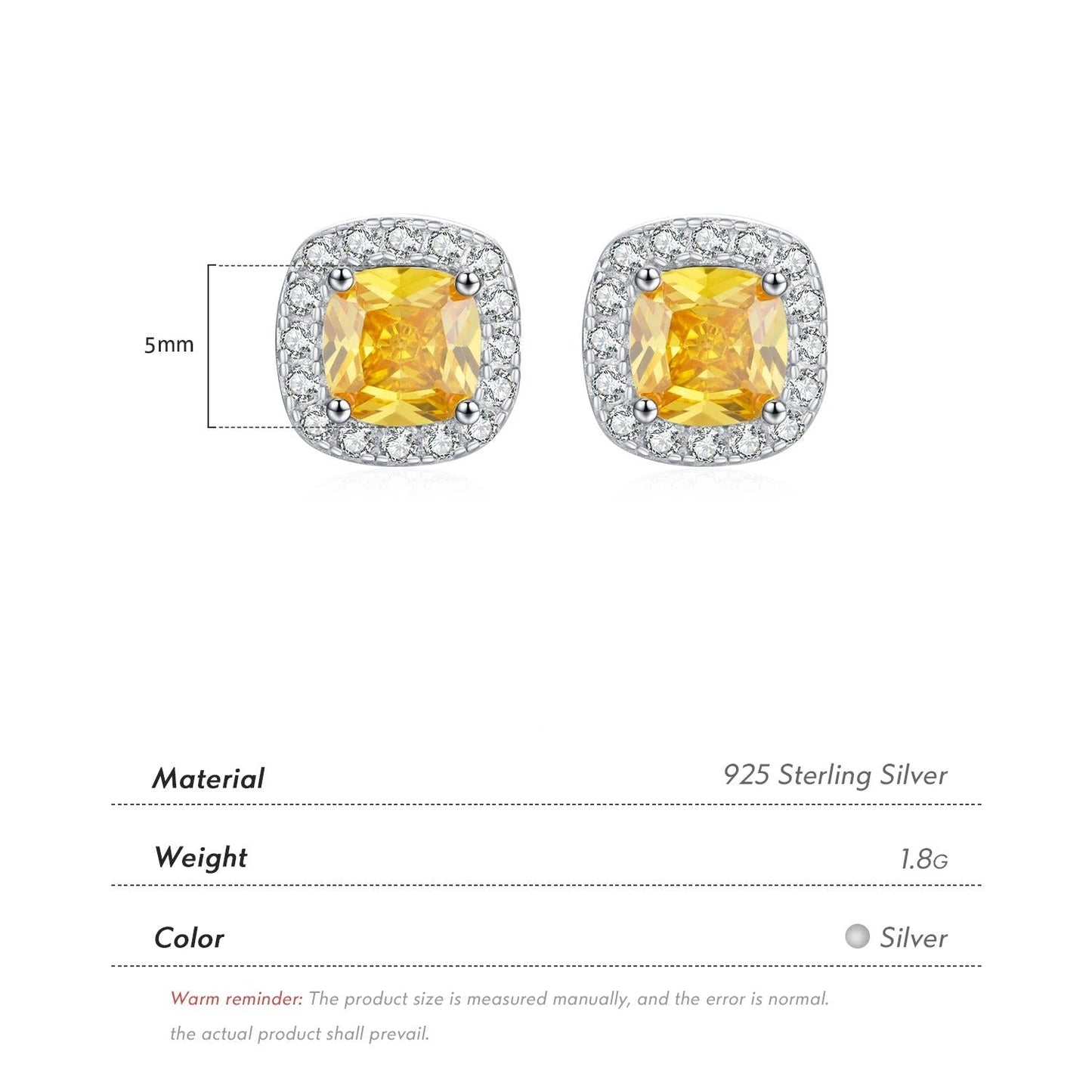 Yellow Cubic Zirconia Stud Earrings – 925 Sterling Silver Platinum Plated Square Fine Jewellery