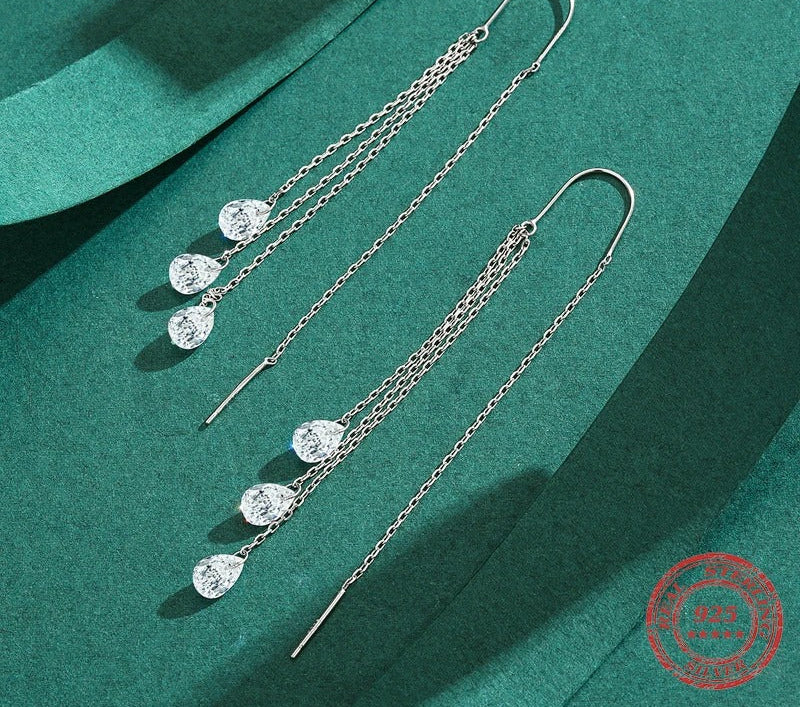 925 Sterling Silver CZ Tassel Drop Earrings – Elegant Long Dangle Earrings for Women