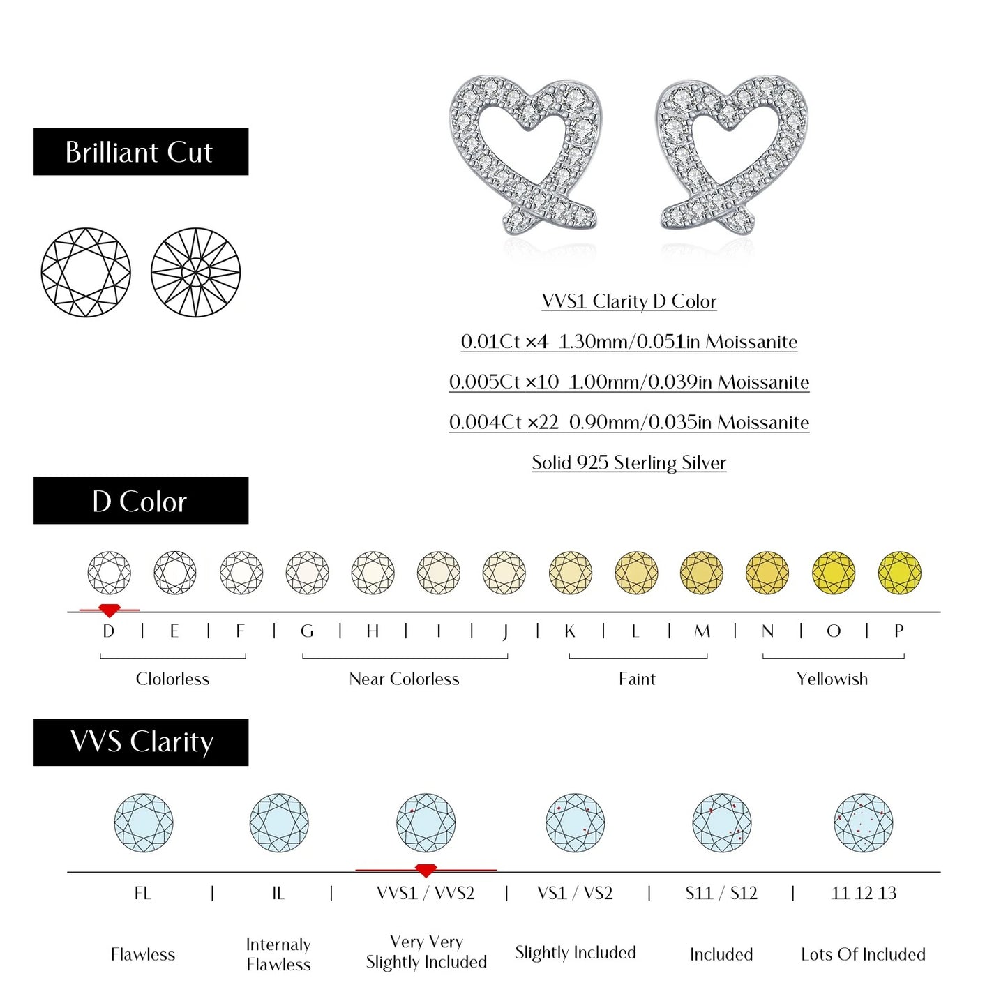 D Colour Moissanite Heart Stud Earrings – 925 Sterling Silver Asymmetrical Heart Fine Jewellery