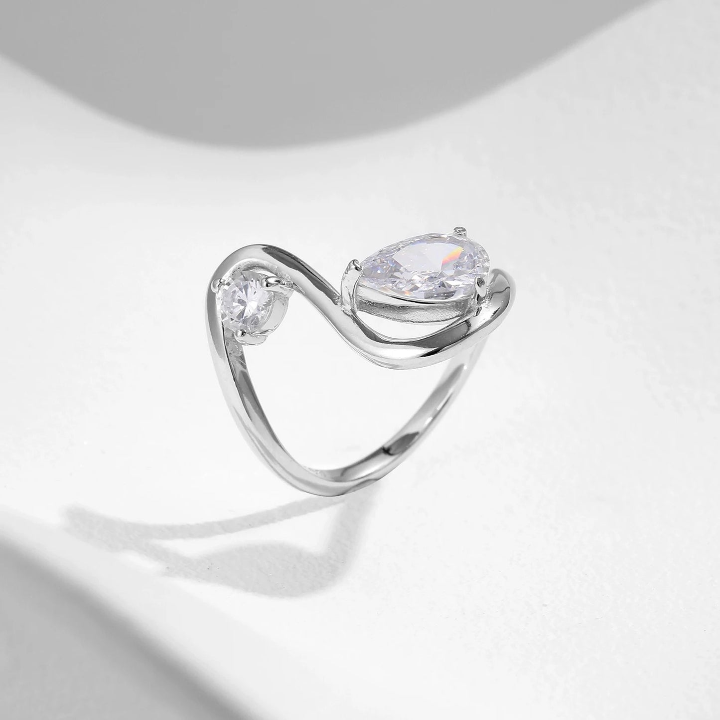 Irregular Line CZ Ring – 925 Sterling Silver Water Drop Statement Ring