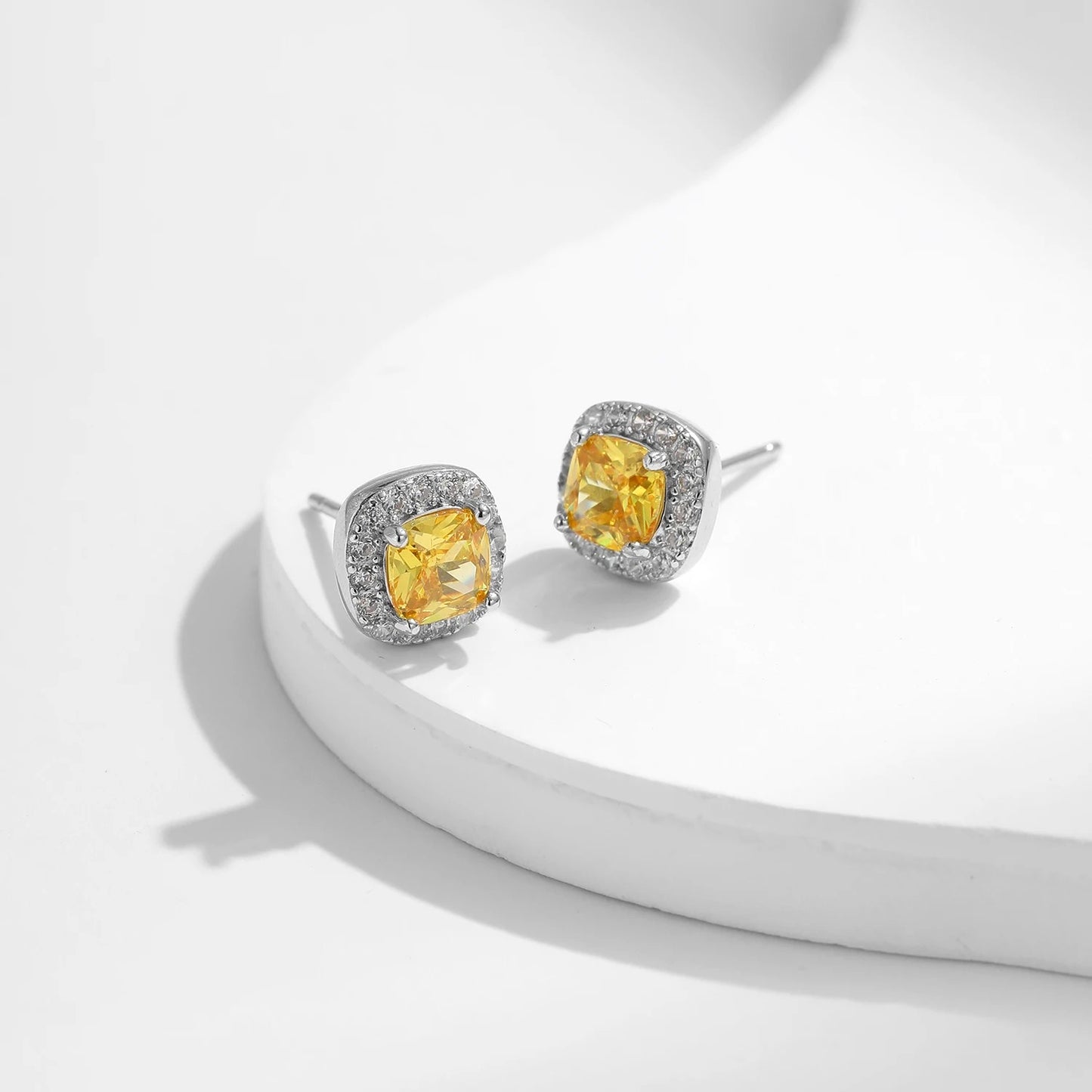 Yellow Cubic Zirconia Stud Earrings – 925 Sterling Silver Platinum Plated Square Fine Jewellery