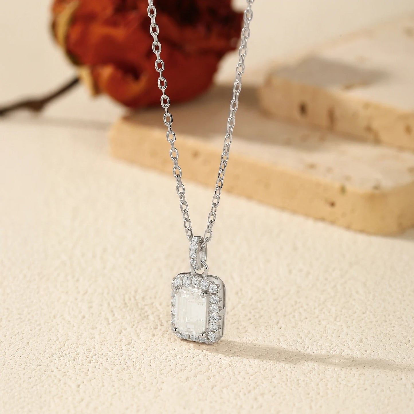 1CT Emerald Cut Moissanite Halo Necklace – D Colour VVS1 | 925 Sterling Silver