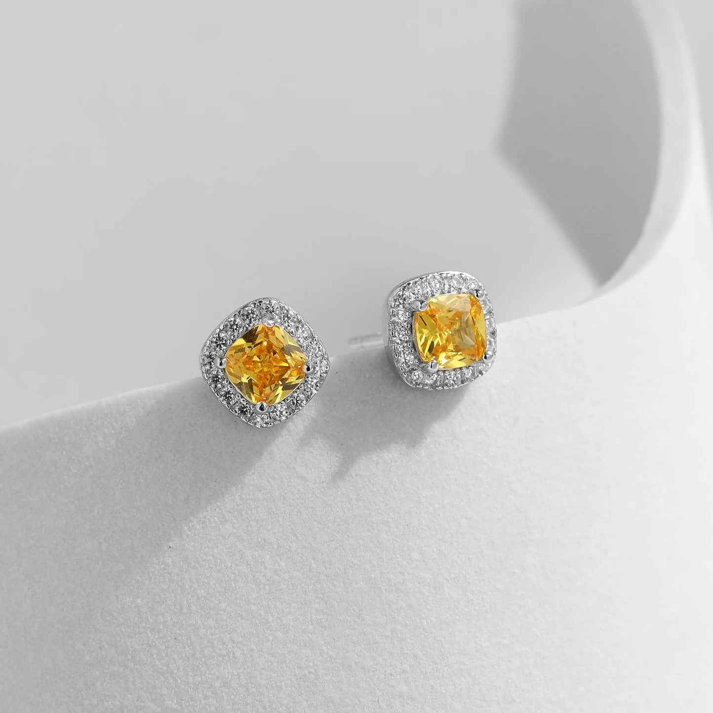 Yellow Cubic Zirconia Stud Earrings – 925 Sterling Silver Platinum Plated Square Fine Jewellery