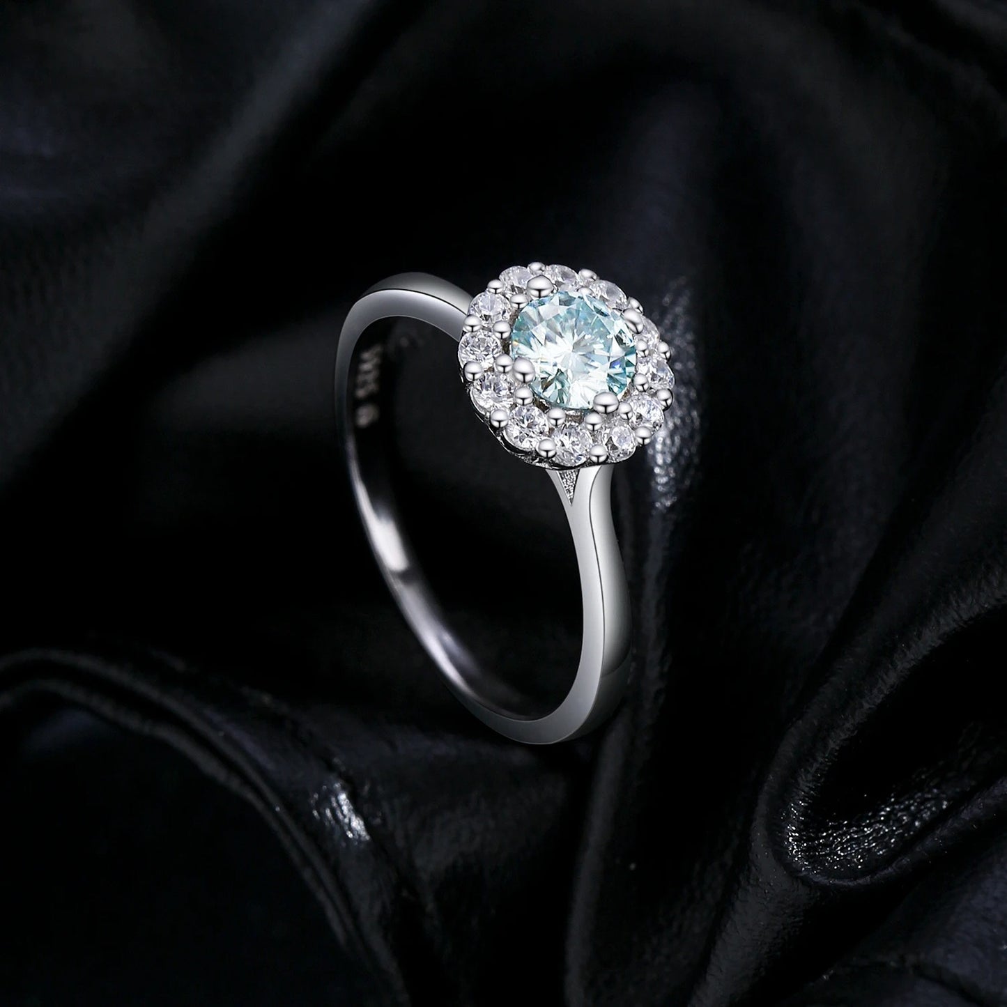 Green Teal Halo Moissanite Ring – 0.5CT | 925 Sterling Silver