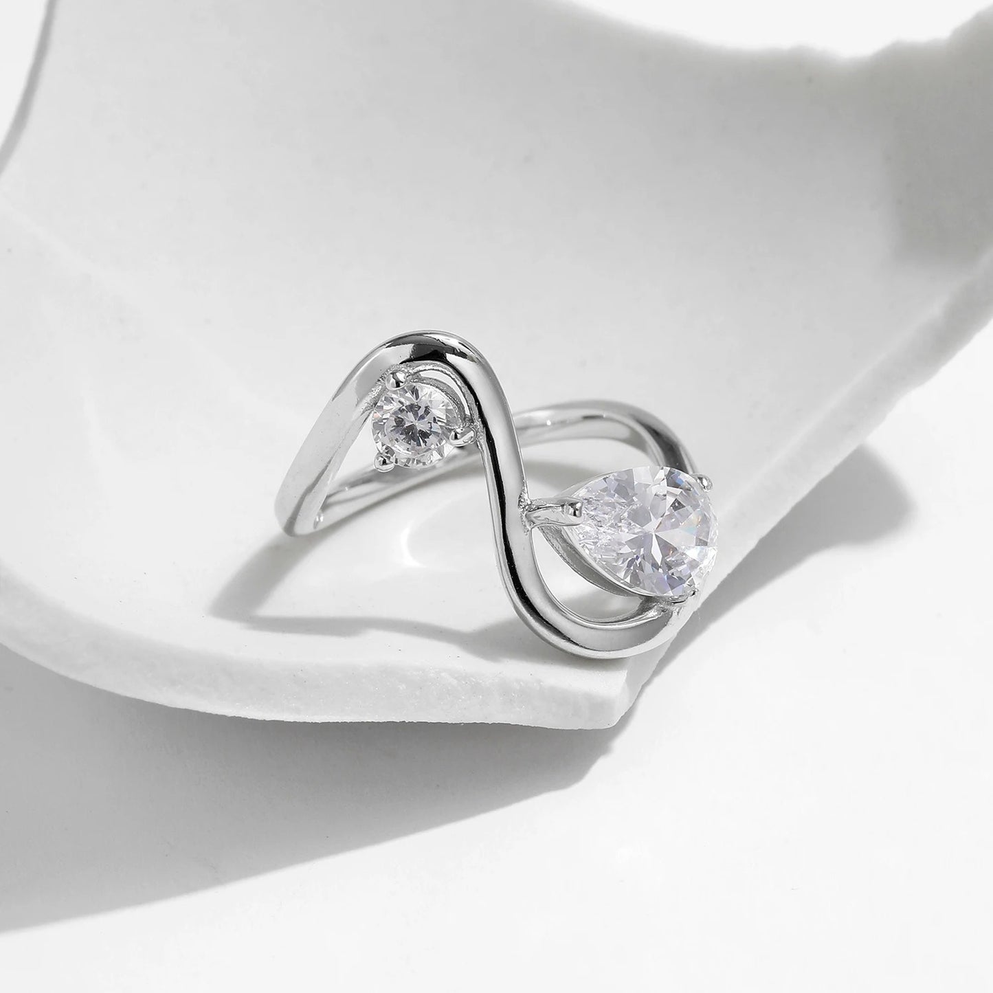 Irregular Line CZ Ring – 925 Sterling Silver Water Drop Statement Ring