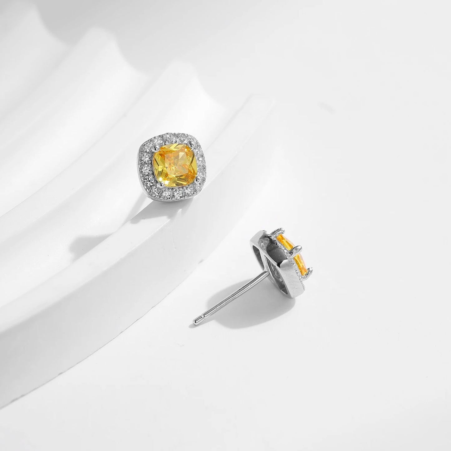 Yellow Cubic Zirconia Stud Earrings – 925 Sterling Silver Platinum Plated Square Fine Jewellery