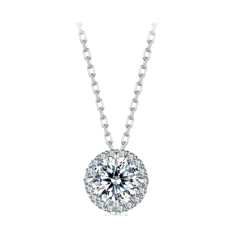 1CT Round Halo Moissanite Necklace – 925 Sterling Silver White Gold Plated Pendant