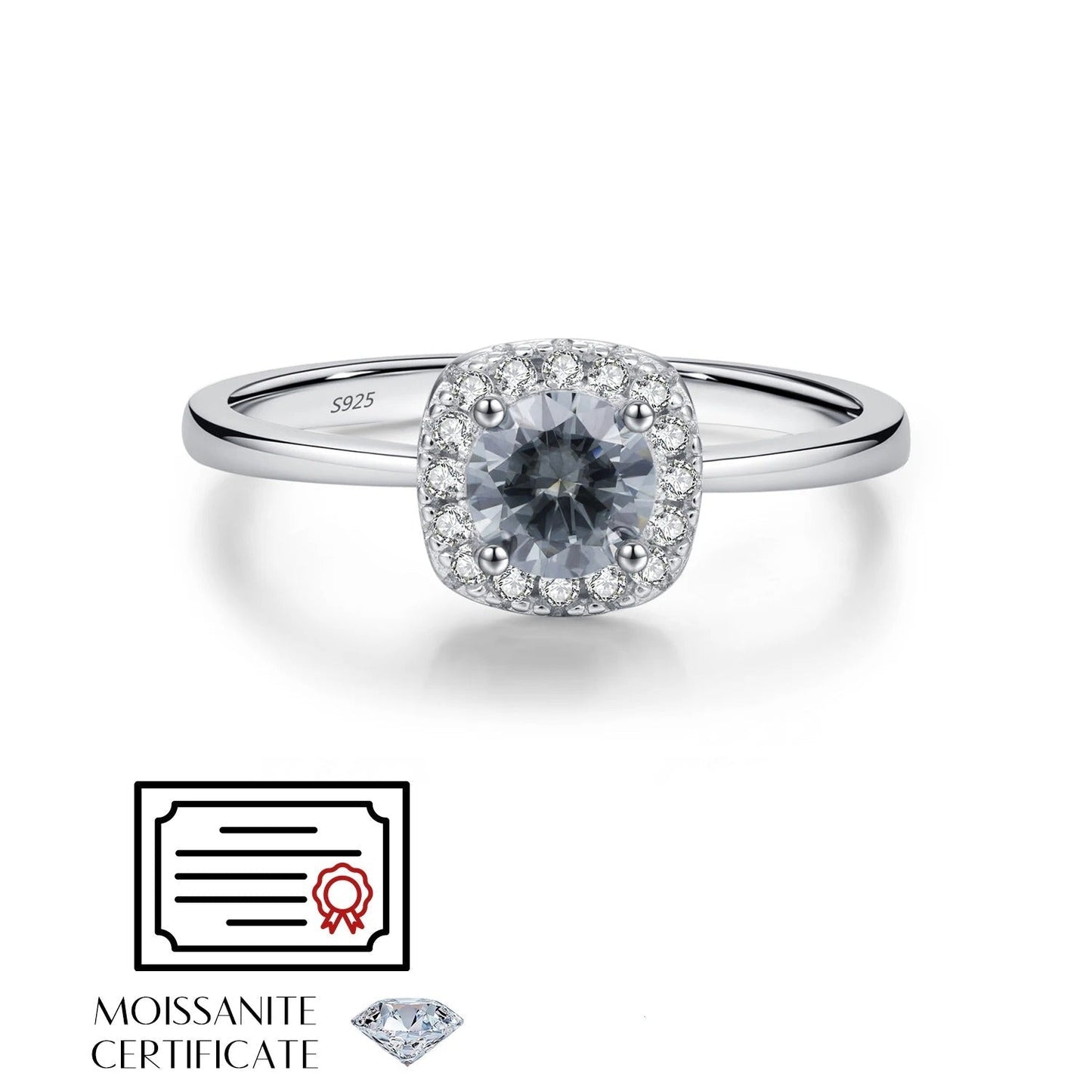 Grey Moissanite Square Halo Ring – 0.5CT | 925 Sterling Silver