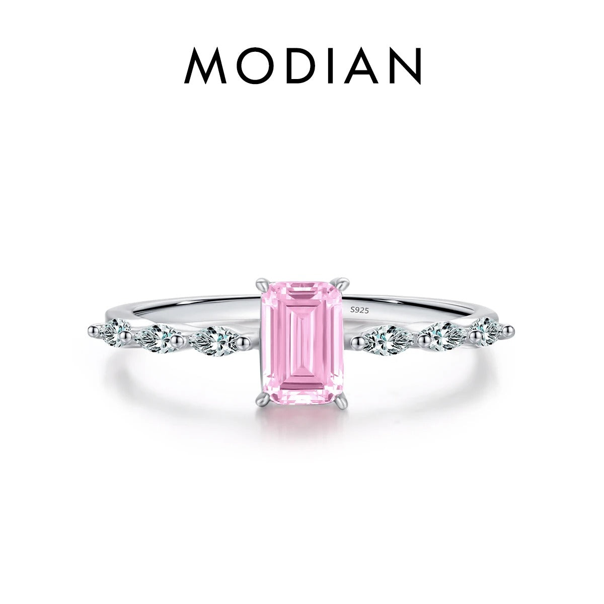 Pink Emerald Cut Zircon Ring – 925 Sterling Silver Luxury Wedding Band